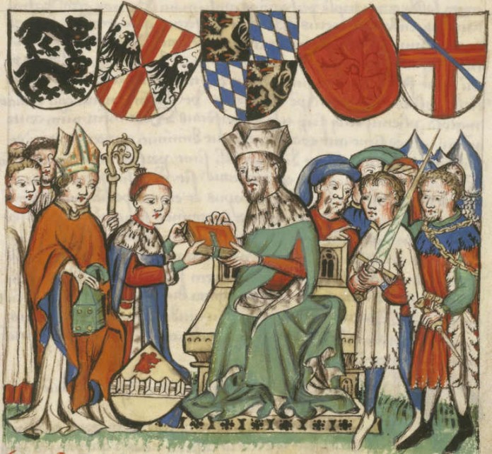 Winand von Steeg überreicht Kurfürst Ludwig III. sein theologisches Werk „Adamas colluctanium aquilarum“ (Biblioteca Apostolica Vaticana)